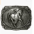 Silver belt buckle with a horse design on a white background