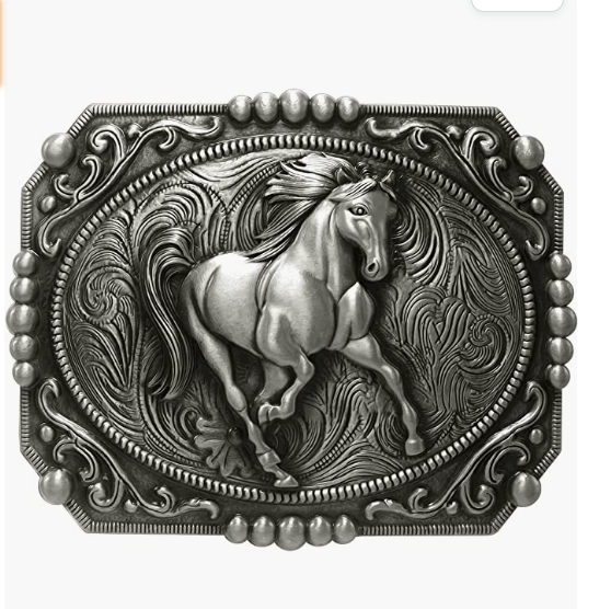 Silver belt buckle with a horse design on a white background