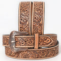 Brown leather belt with intricate floral patterns on a white background