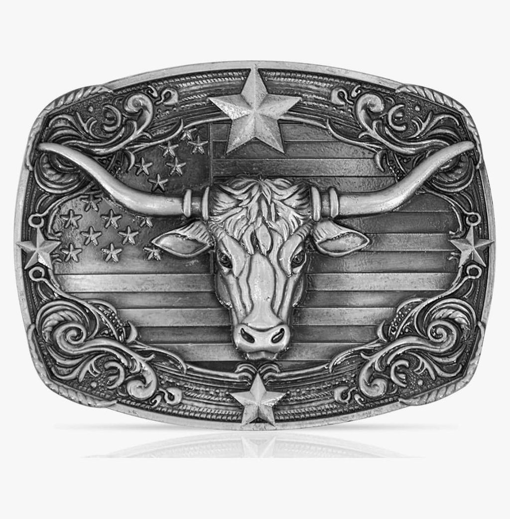Belt buckle with longhorn bull design and American flag on a white background