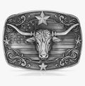 Belt buckle with longhorn bull design and American flag on a white background
