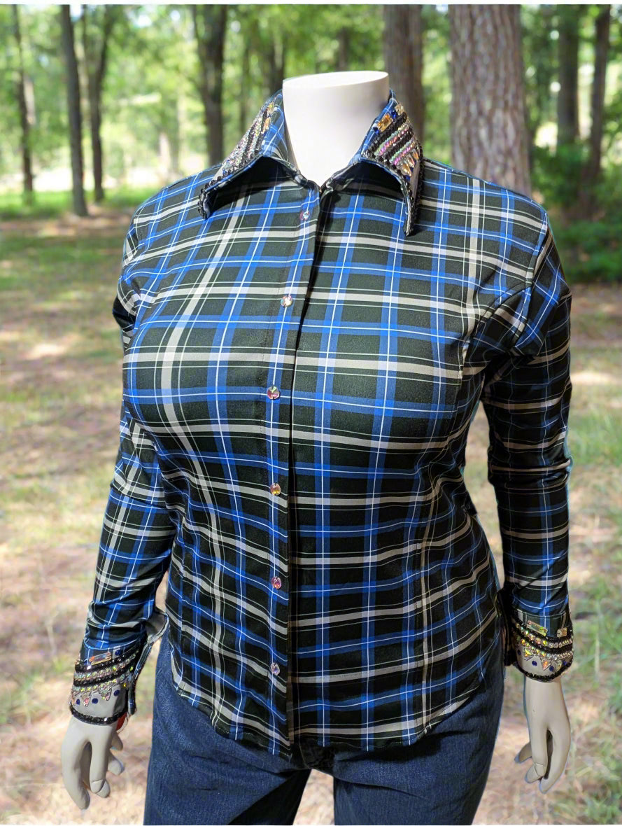Close-up of jeweled collar and hidden zipper on stretch performance fabric.