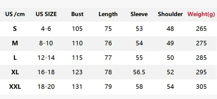 Size chart for clothing with measurements in US size, bust, length, sleeve, shoulder, and weight.