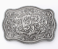 Western rectangle floral etched silver belt buckle