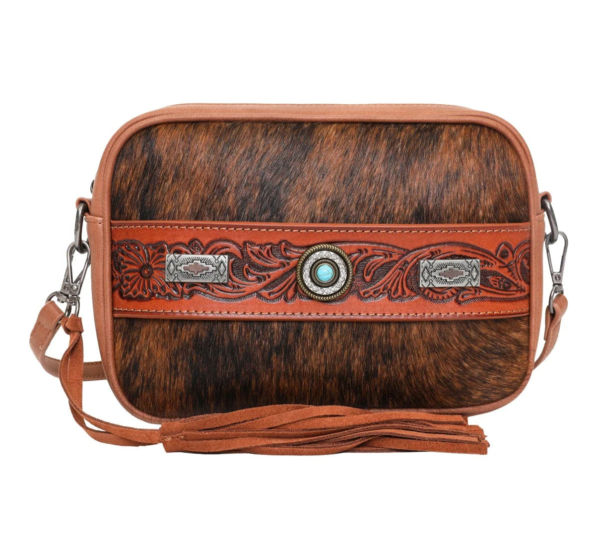 "Western Trinity Ranch cowhide and tooled leather crossbody clutch with turquoise concho"
