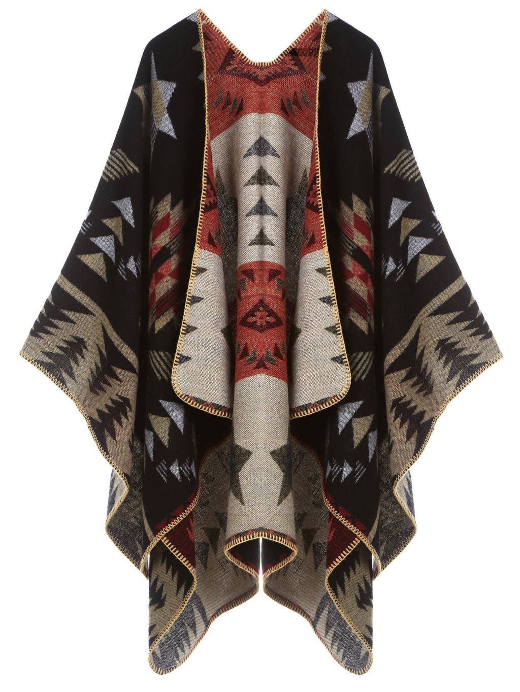 Patterned poncho with geometric design on a white background