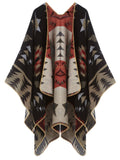 Patterned poncho with geometric design on a white background