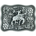 Decorative belt buckle with a cowboy on a horse design, surrounded by floral patterns.