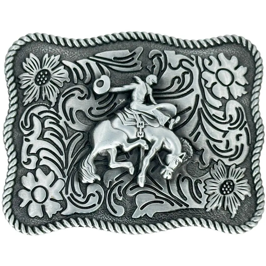 Decorative belt buckle with a cowboy on a horse design, surrounded by floral patterns.