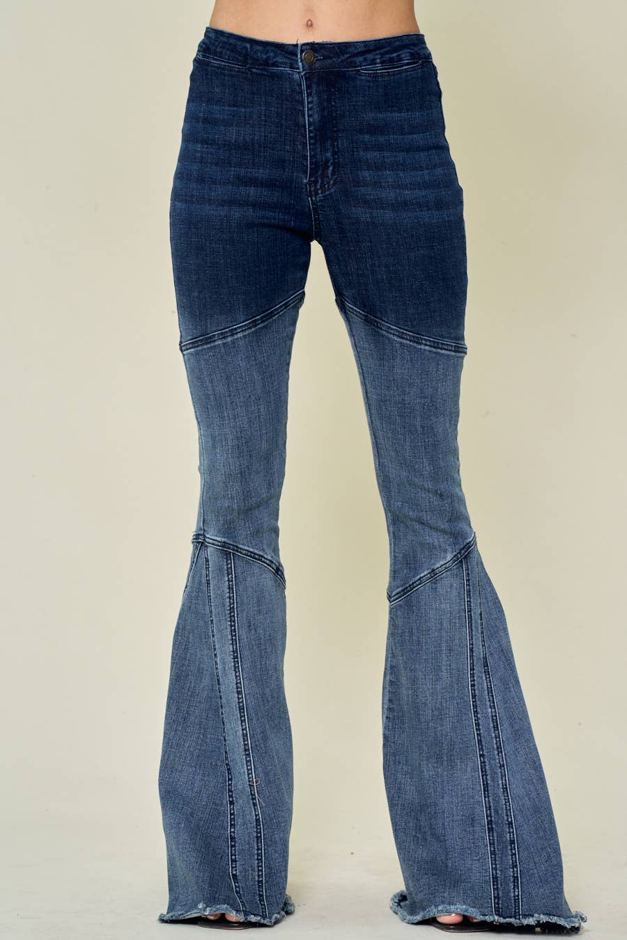 Close-up of ombre wash panel flare jeans in retro cowgirl style