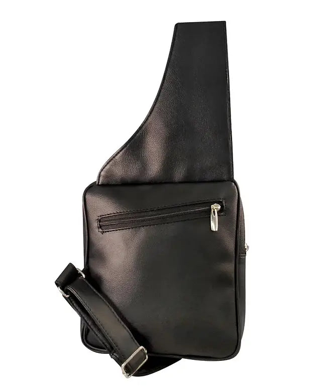 Black leather sling bag with a visible zipper on a white background