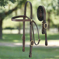 Western brown leather headstall with brass quick change buckles and matching reins