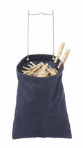 Whitmor Hanging Clothespin Bag in navy mesh fabric hanging from a laundry line with metal hanger hook