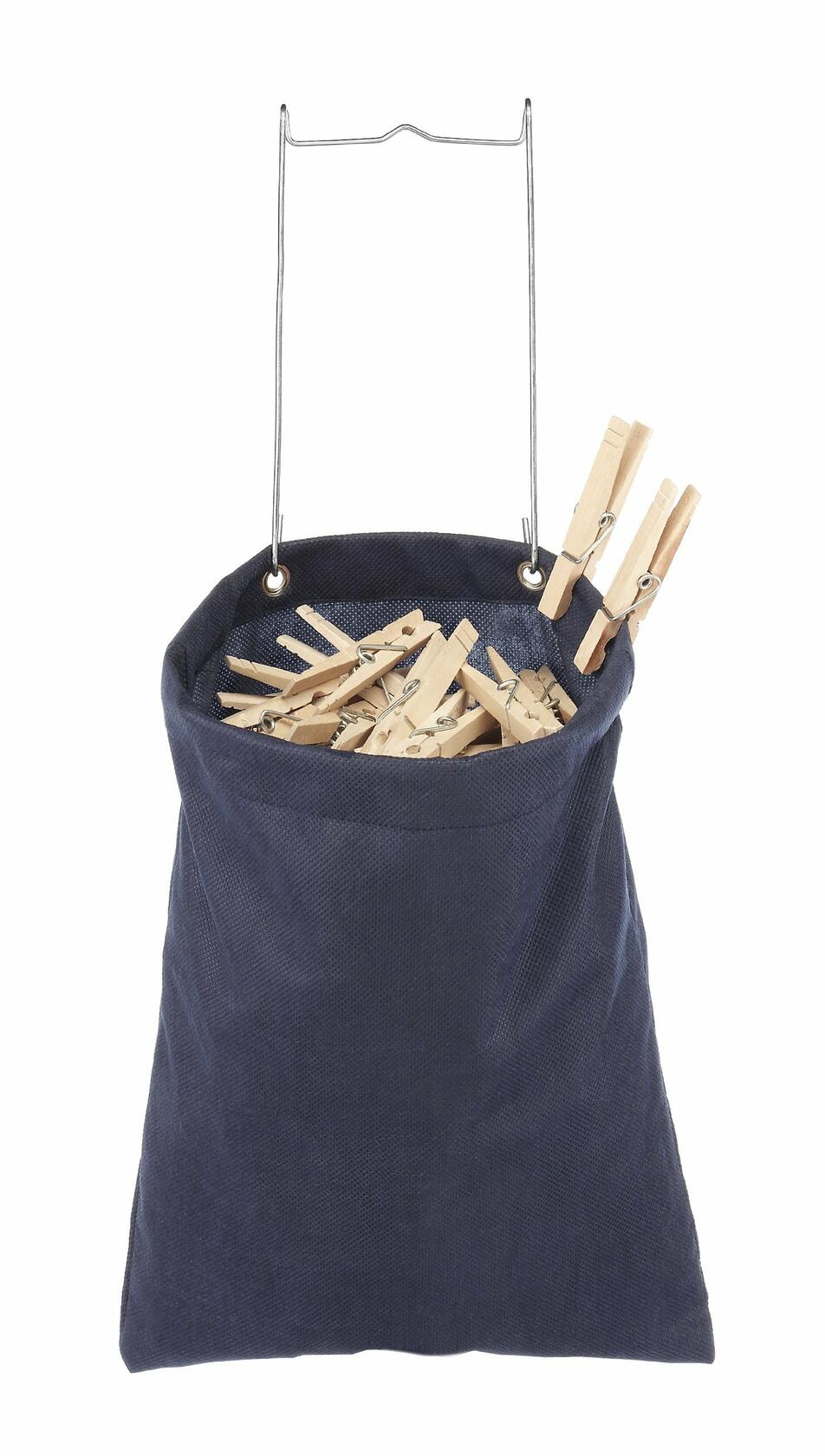 Whitmor Hanging Clothespin Bag in navy mesh fabric hanging from a laundry line with metal hanger hook
