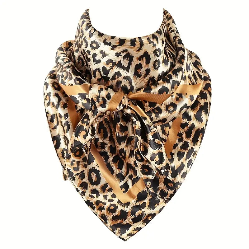 “Leopard print western square scarf with golden accents, 35-inch women’s bandana”