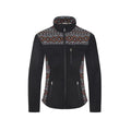 Women's Aztec print fleece-lined jacket in black and brown with a mandarin collar and front zipper.