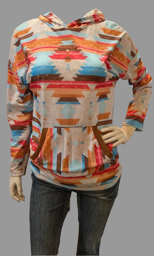 Colorful patterned hoodie on a mannequin with a grey background