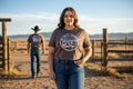 Lady wearing a wrangler graphic t-shirt