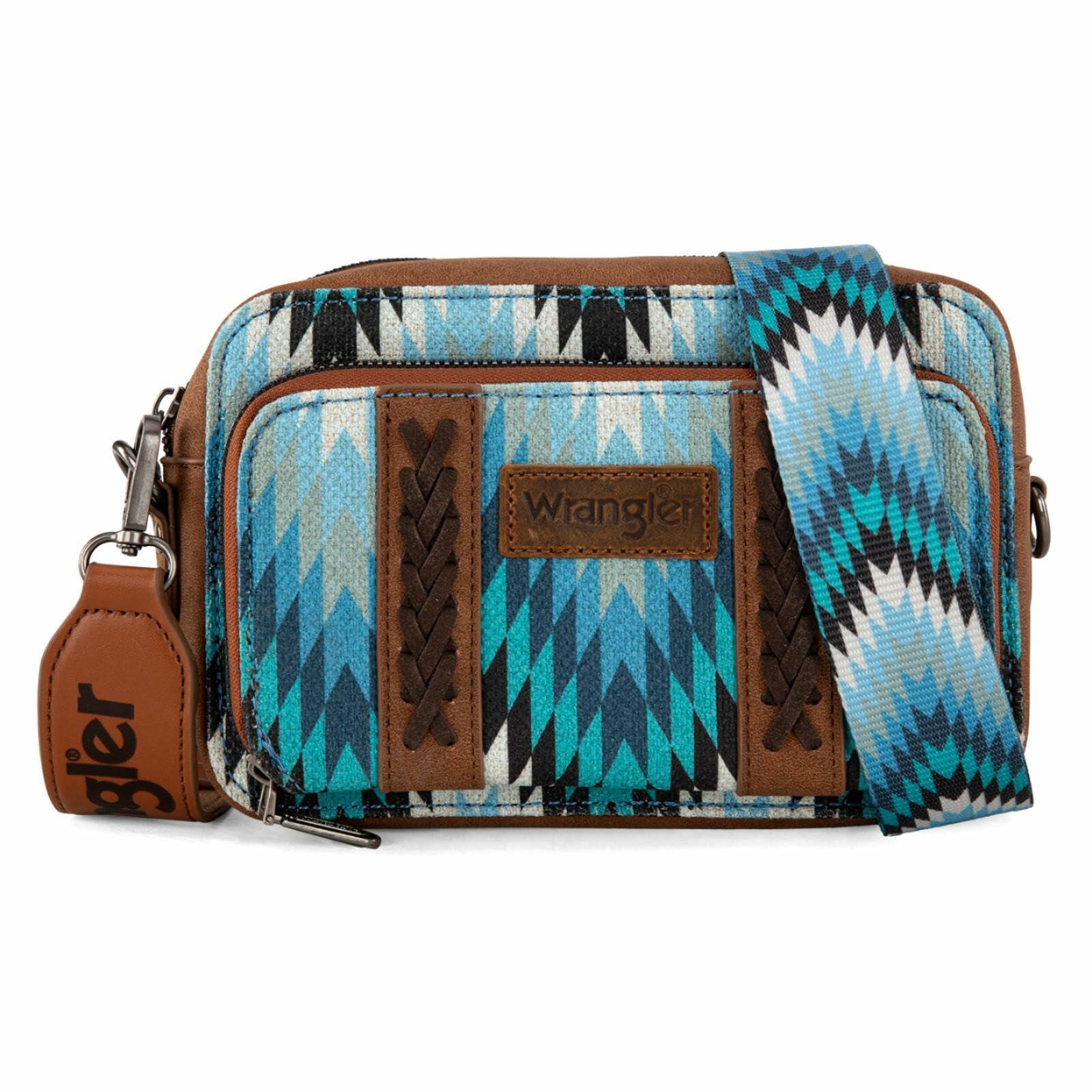 Wrangler Multi-Pocket Crossbody Bag with Double Zipper Teal with white background