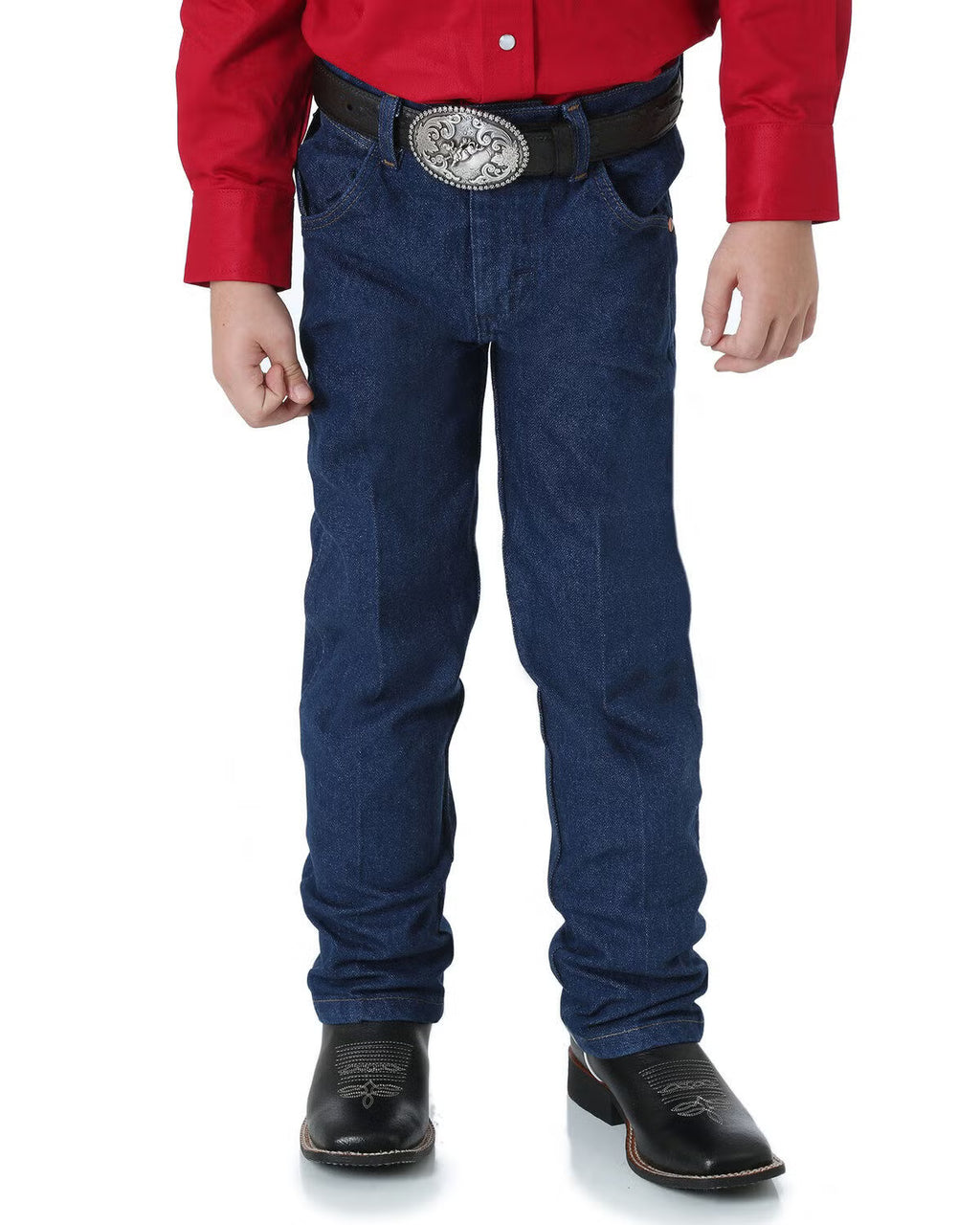 Person wearing blue jeans with a decorative belt buckle on a white background