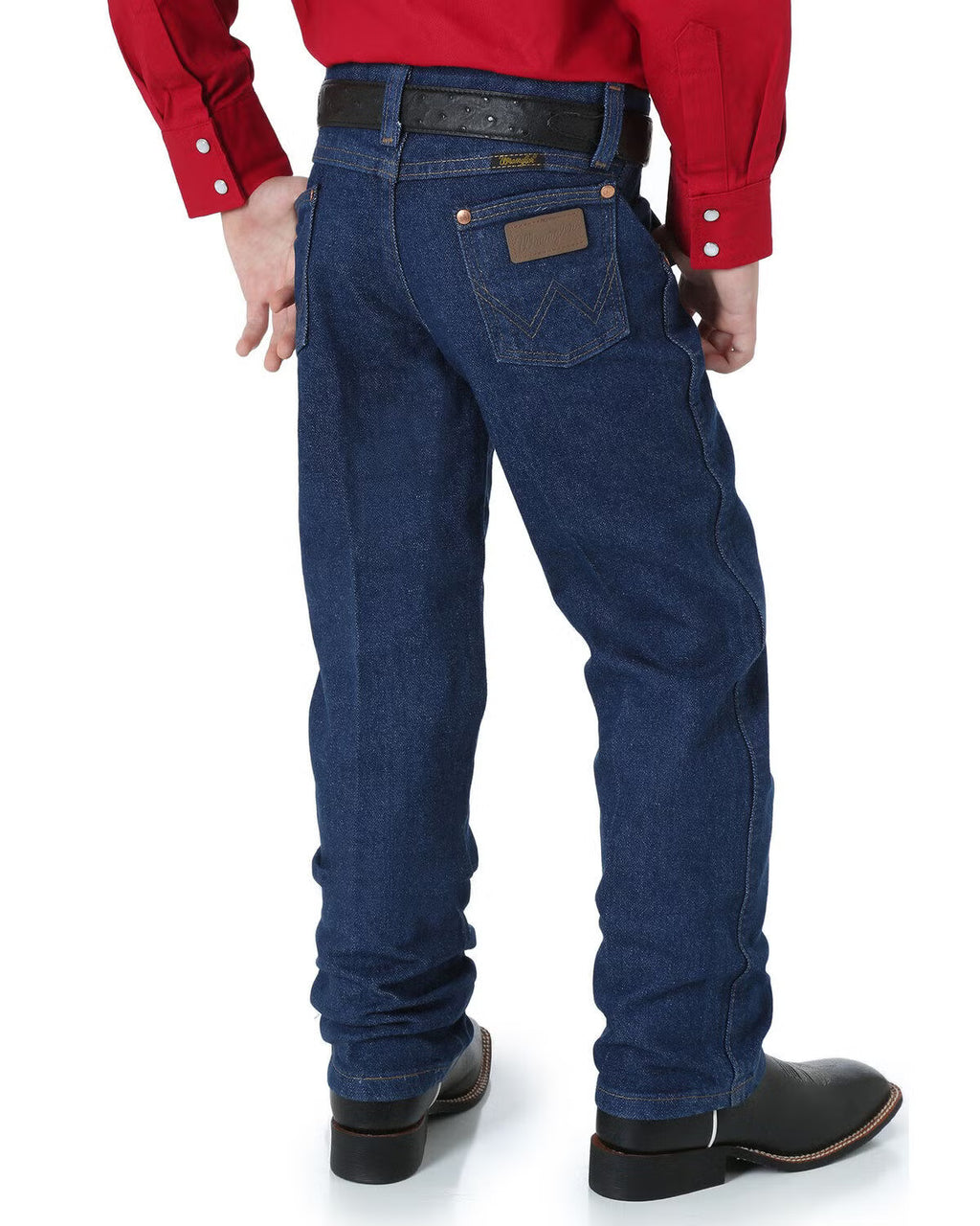 Person wearing blue jeans and a red shirt on a white background
