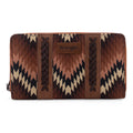 Brown patterned wallet with 'Wrangler' branding on a white background