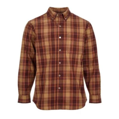 Plaid shirt with brown and beige pattern on a white background
