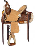 Silver Royal 8-inch Mini Marshal barrel saddle with hair-on star accents, floral tooling, and rawhide-wrapped tree for youth riders.