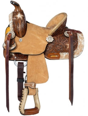 Silver Royal 8-inch Mini Marshal barrel saddle with hair-on star accents, floral tooling, and rawhide-wrapped tree for youth riders.