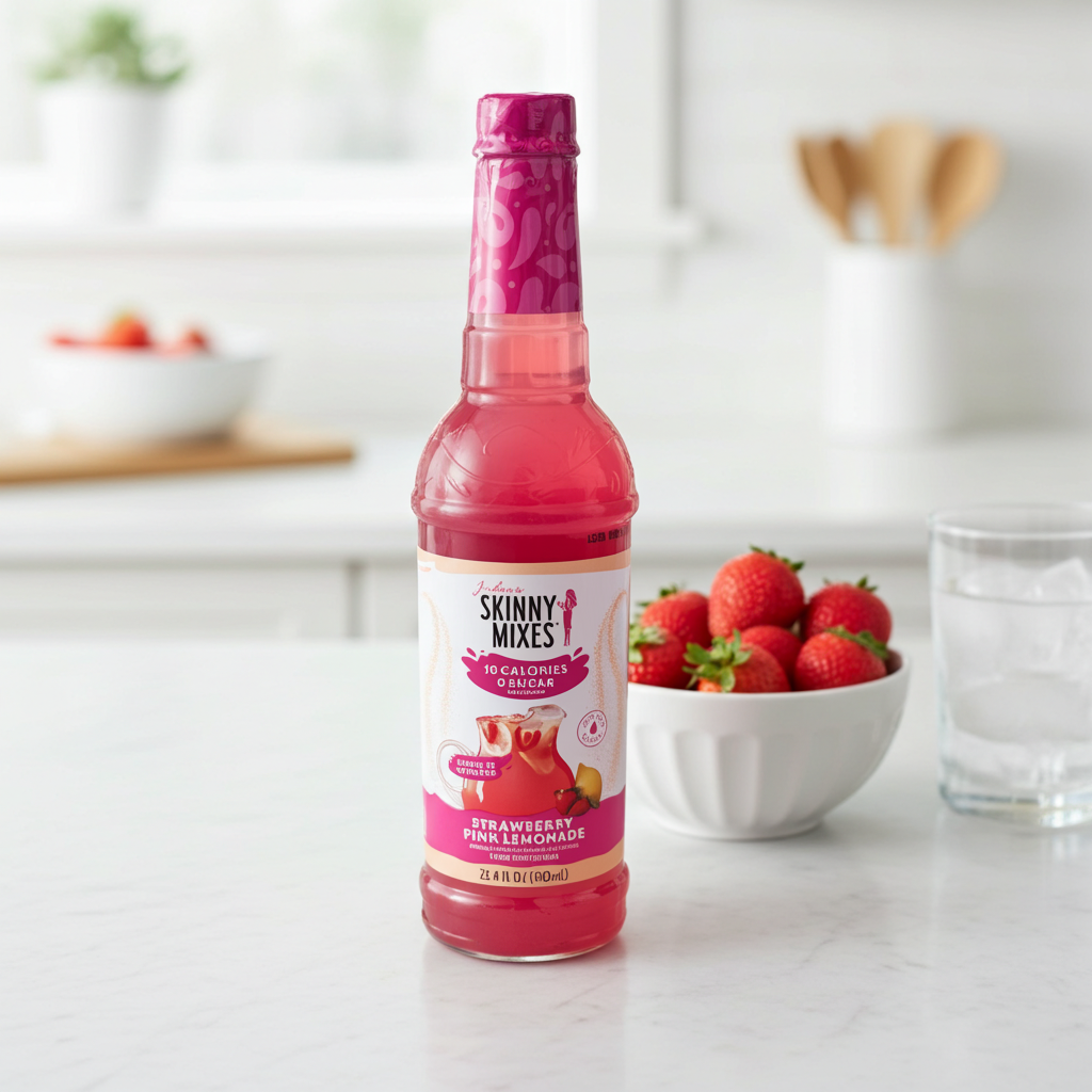 Bottle of Skinny Mixes Strawberry Pink Lemonade syrup on a kitchen counter with strawberries and a glass.