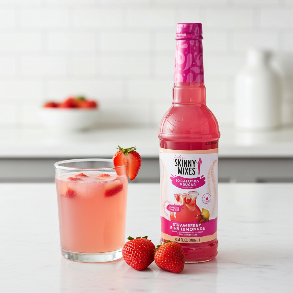 Bottle of Skinny Mixes strawberry lemonade with a glass of the drink and strawberries on a white surface.