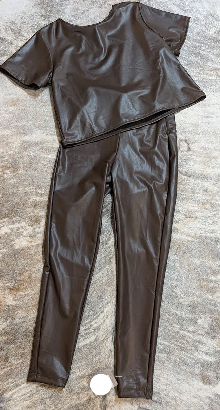 Zenana Vegan Leather Two-Piece Outfit – Brown Top & Pants Set