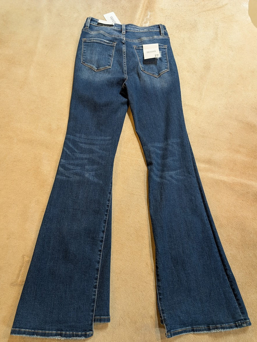 Back view of Zenana High Rise Flare Blue Stretch Jeans