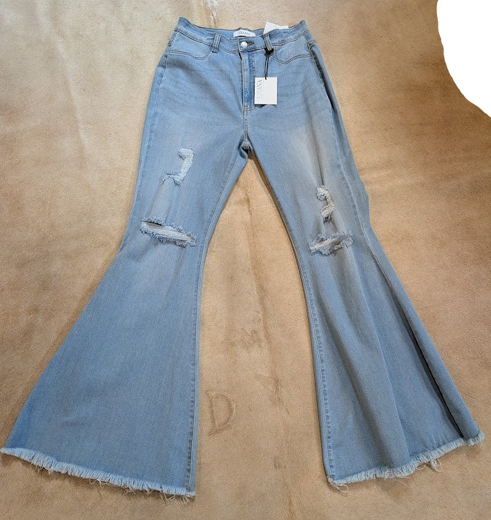 Zenana High Rise Super Flare Light Wash Distressed Jeans