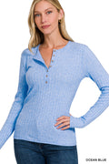 Zenana blue ribbed long sleeve top on a lady wearing jeans.
