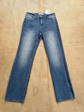 Zenana Straight Up Straight Leg Jeans – Medium Wash Stretch Denim with beige background
