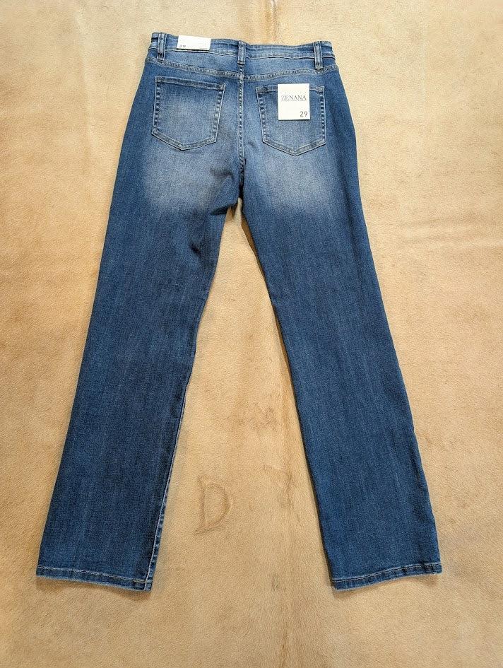 Pair of blue jeans on a beige background Zenana Straight Up Straight Leg Jeans – Medium Wash Stretch Denim