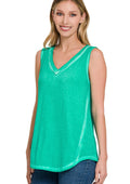 Close-up of washed fabric and v-neckline detail on Zenana lightweight tank top