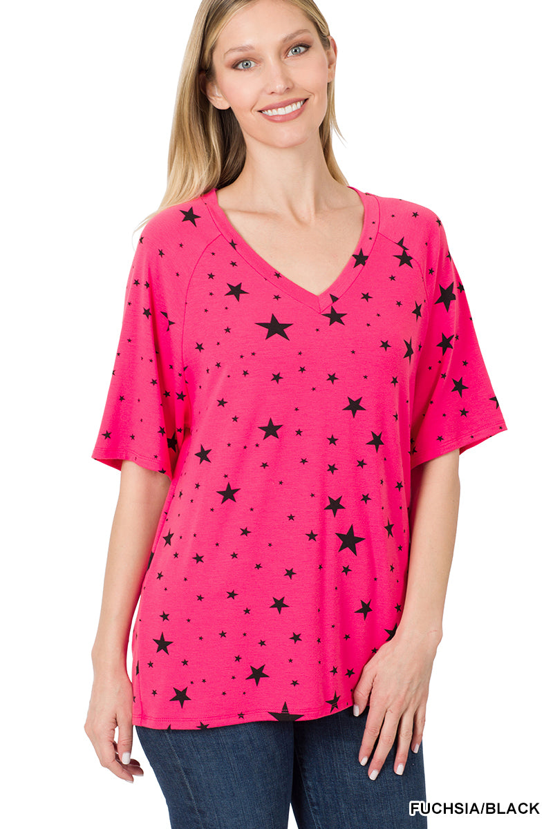  Zenana star print tee paired with jeans, styled for summer casual wear