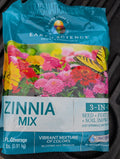 Earth Science 3-in-1 Zinnia Mix 2 lb bag showing vibrant multicolored flowers on the packaging
