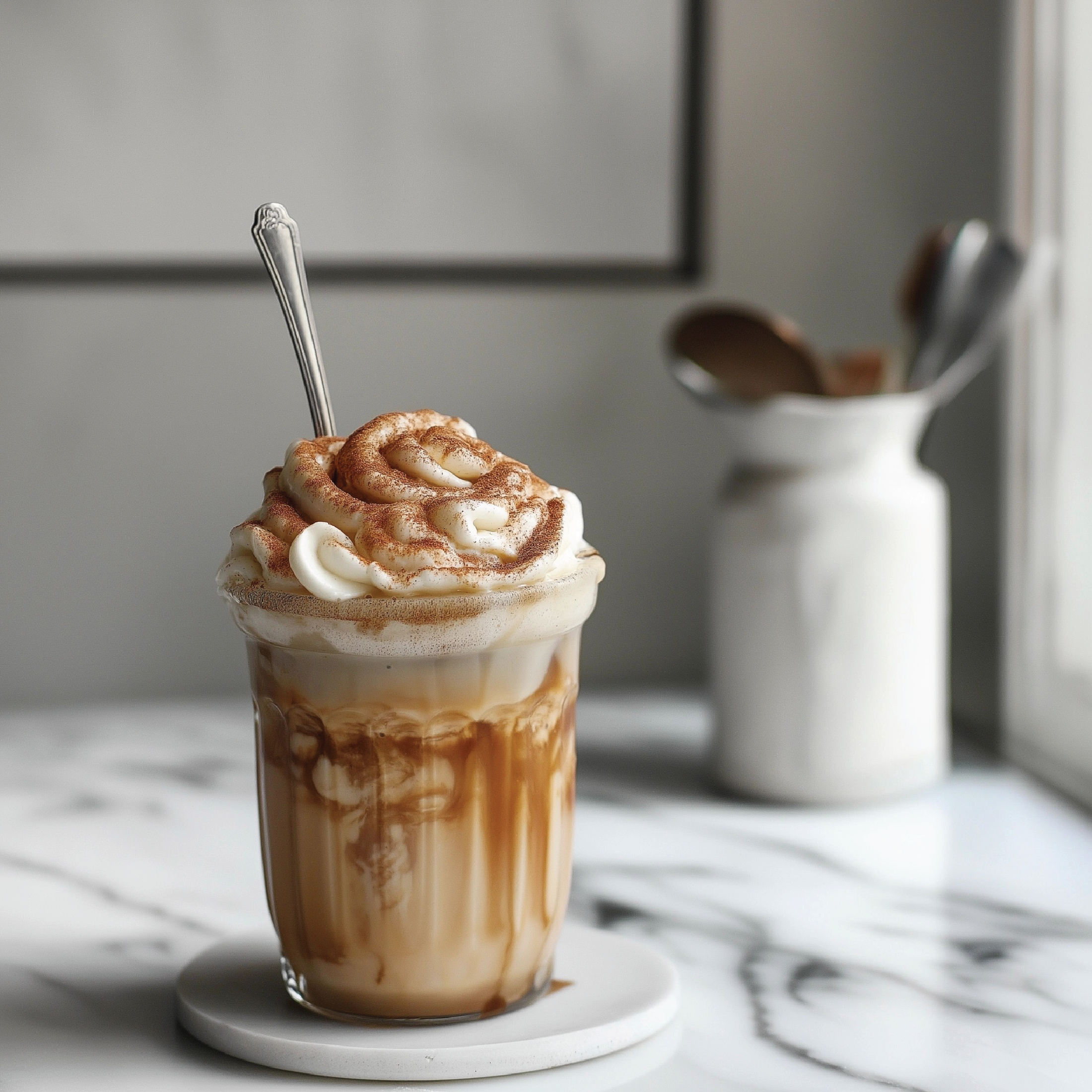 Caramel latte with whipped cream and a cinnamon swirl in a glass on a marble surface.