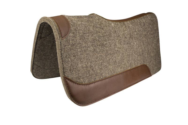 Brown and beige saddle pad with brown leather trim on a white background