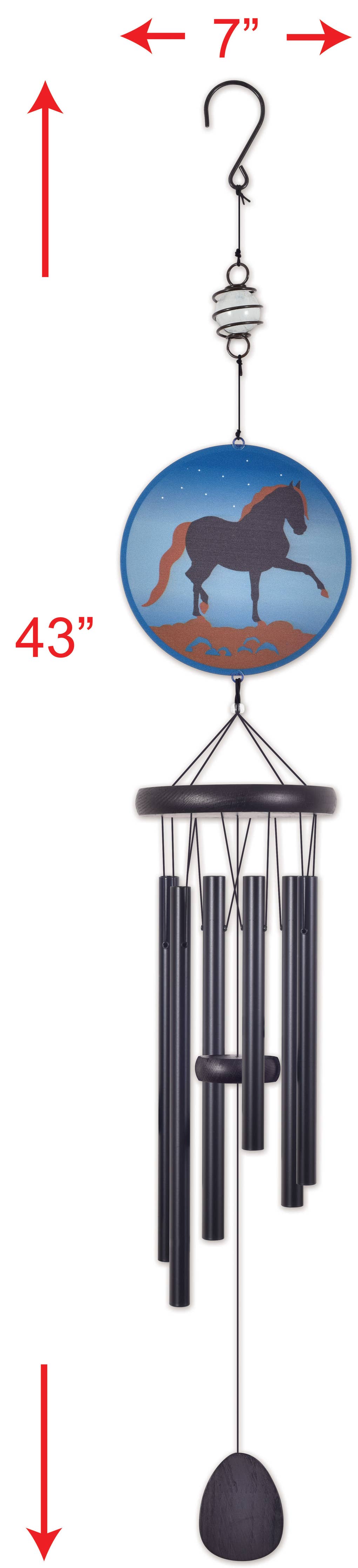 A hanging wind chime with a round blue medallion showing a horse silhouette, black metal tubes, and a dark pendulum, showing dimension arrows and labels indicating 7 inches at the top and 43 inches overall.
