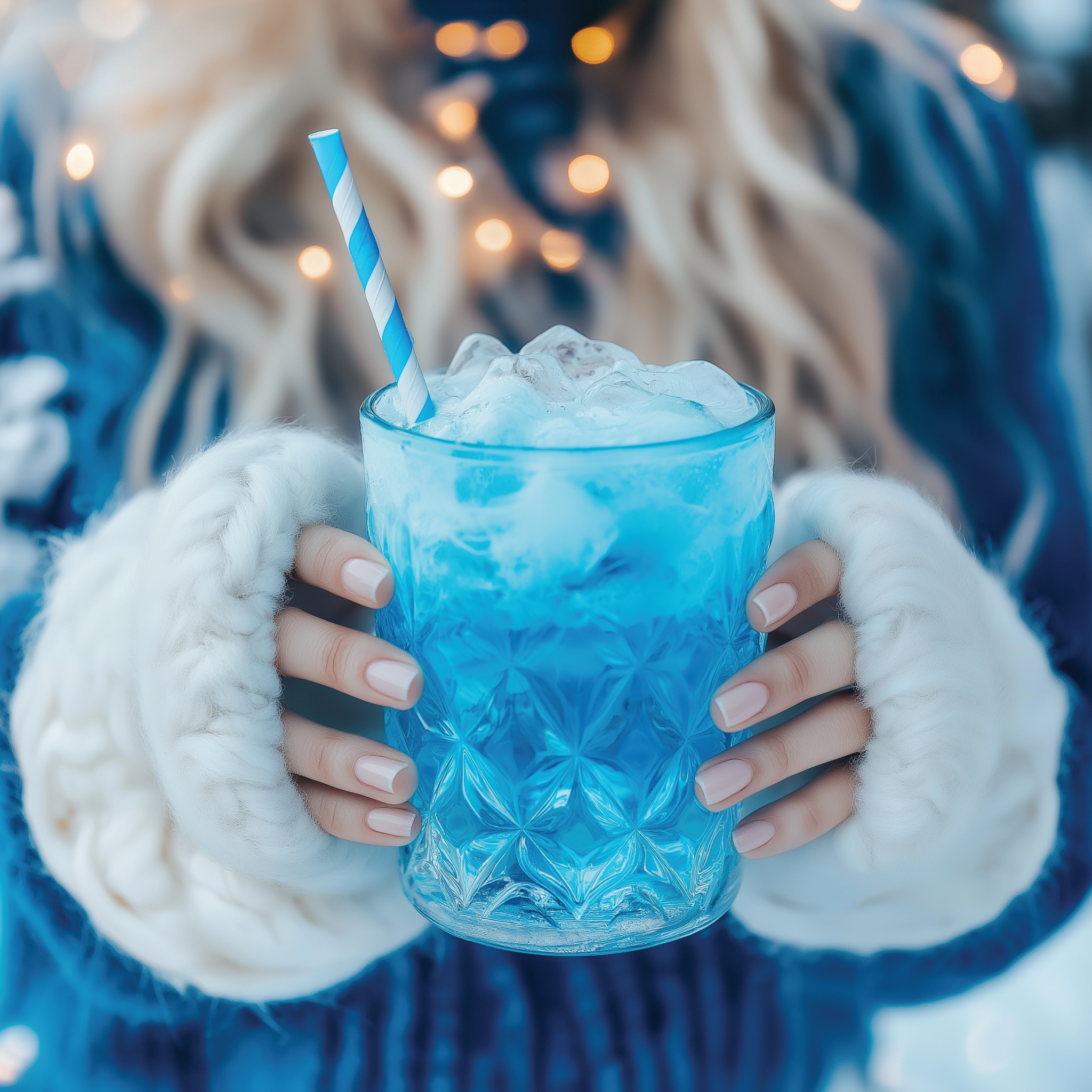 Person holding a blue glass with a straw, wearing white gloves against a blurred background