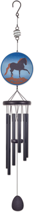 Wind chime with a circular blue sign showing a black horse silhouette, dark metal tubes, and a dark hanging weight at the bottom.