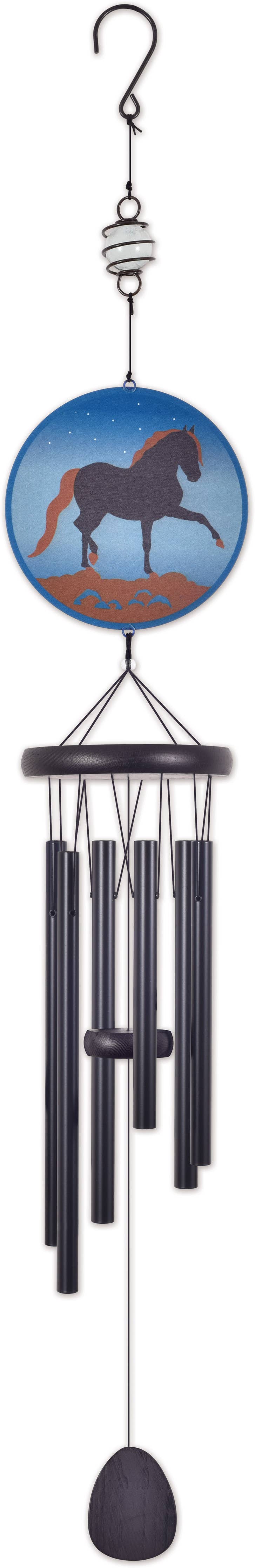  Wind chime with a circular blue sign showing a black horse silhouette, dark metal tubes, and a dark hanging weight at the bottom.