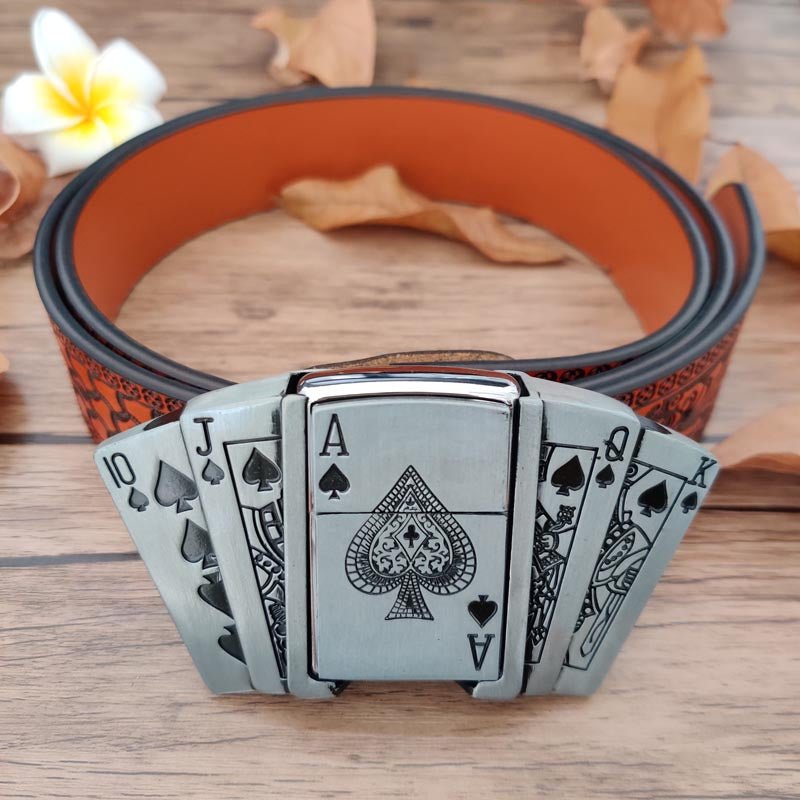 Belt with playing card design buckle on a belt, buckle has a lighter in it