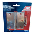 ACE brand 3 1/2 inch square corner door hinge in satin nickel, packaged on a blue and red retail blister card with included screws.