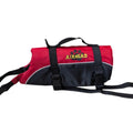 Red and black dog life vest with a top grab handle and adjustable straps