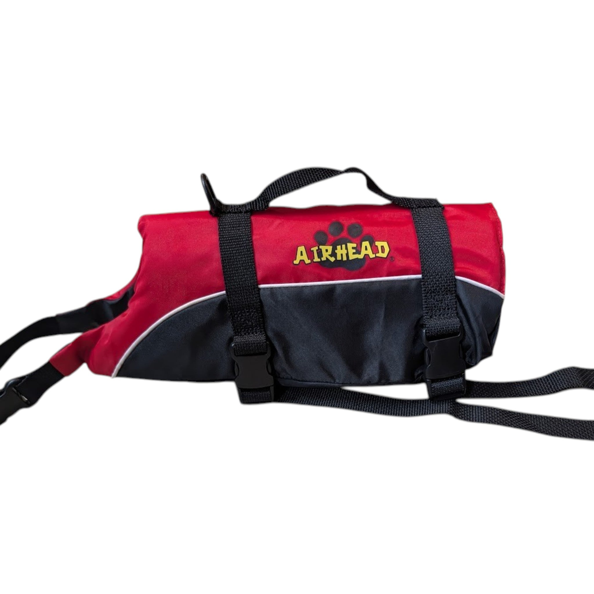 Red and black dog life vest with a top grab handle and adjustable straps
